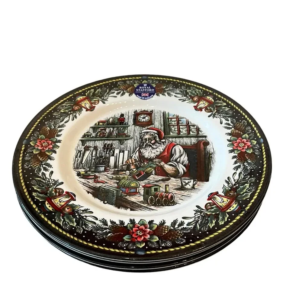Royal Stafford SANTA'S WORKSHOP 11in Dinner Plate Set of 4 Holiday Porcelain New
